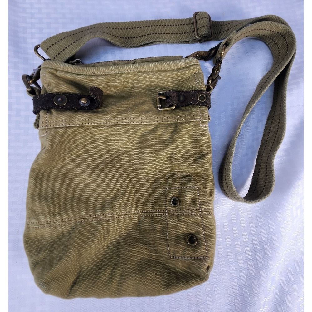 TSD Brand Forest Crossbody Messenger Bag Tan Canvas Brown‎ Leather Trim